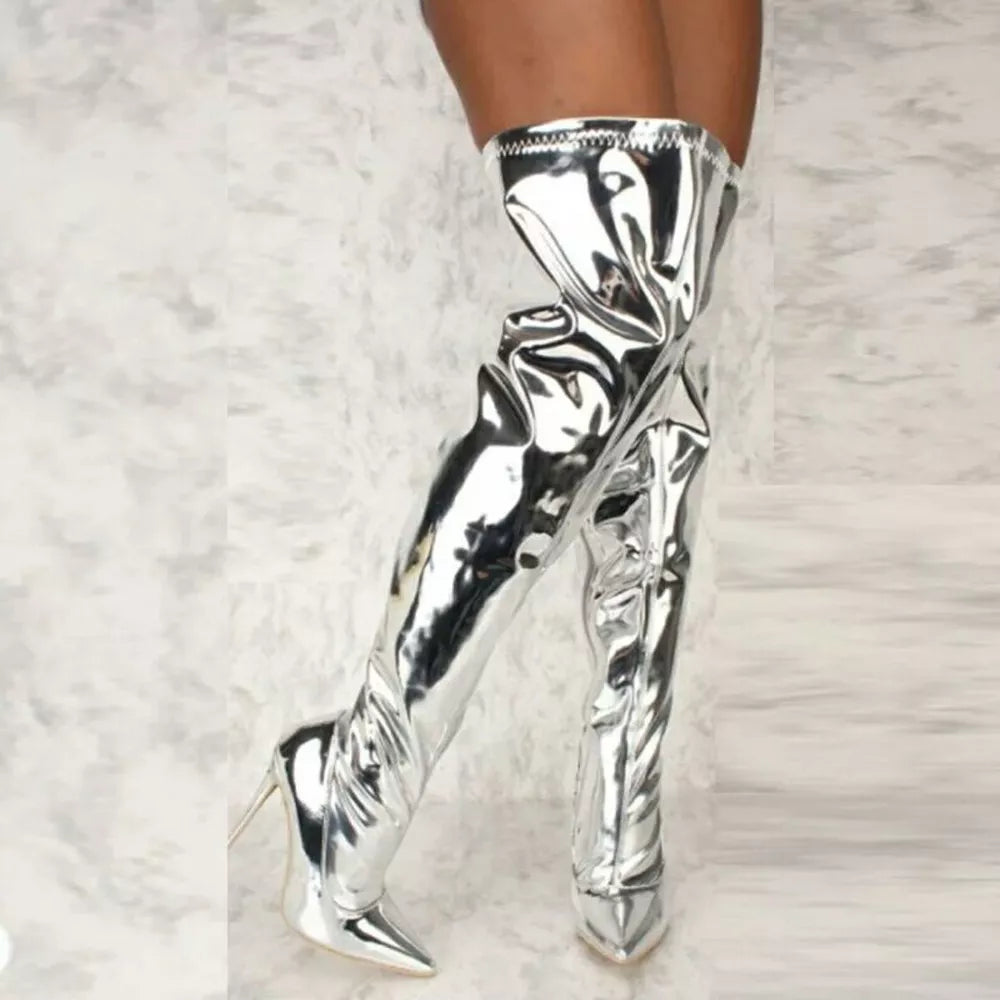 Silver thigh-high stiletto boots with a sleek, shiny finish.