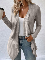 Ribbed waterfall cardigan jacket in mocha with open front and long sleeves.