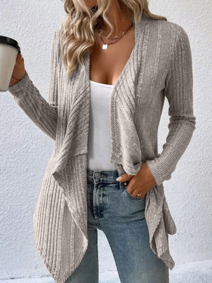 Ribbed waterfall cardigan jacket in mocha with open front and long sleeves.