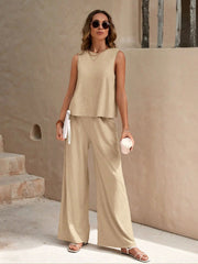 Beige linen tank and palazzo pant loungewear set with a relaxed fit.