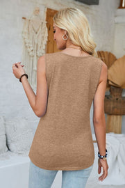 Khaki V-neck tank top with a rounded hem and subtle grommet detail on the neckline.