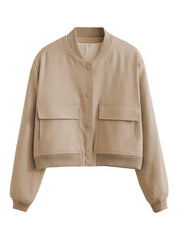 Tan utility bomber jacket with buttoned chest pockets and ribbed trim