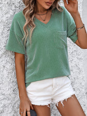 Textured ribbed V-neck pocket tee in white, blue, black, charcoal, mid green, or blush pink.