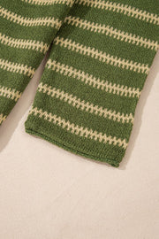 Moss green knit sweater with textured cream stripes and a relaxed fit.