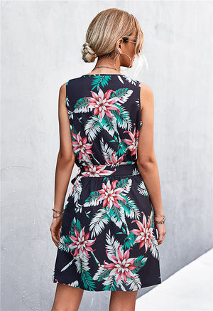Black floral mini dress with tie waist and zip front, sleeveless.