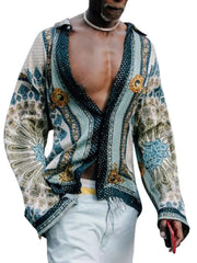 Bohemian print open-front silk shirt with a deep V-neckline and long sleeves.