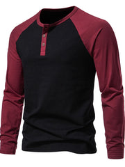 Men's black and wine red long sleeve henley t-shirt with buttoned placket