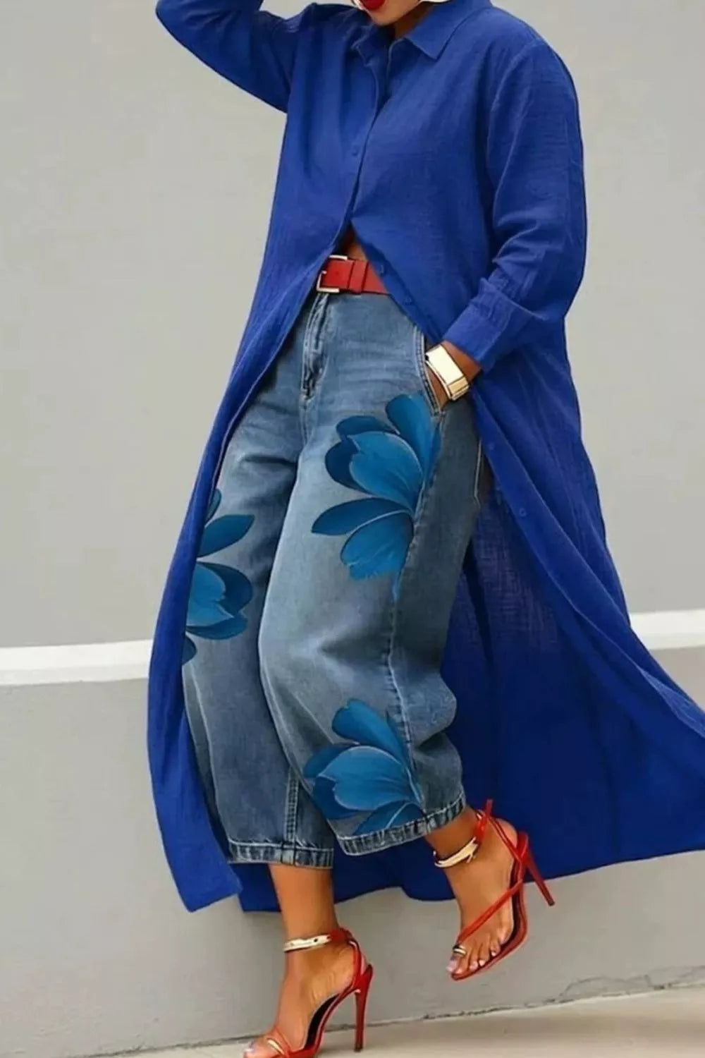Button Up Long Sleeve Longline Shirt in Royal Blue, alternate angle