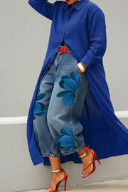 Button Up Long Sleeve Longline Shirt in Royal Blue, alternate angle