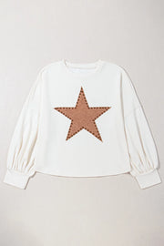 White sweatshirt with studded star detail and balloon sleeves