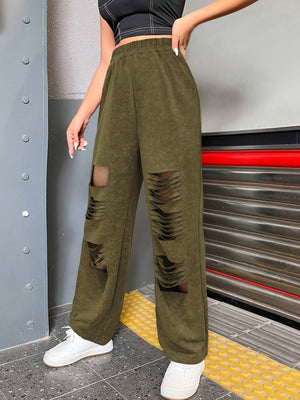 Army green distressed wide-leg lounge trousers with ripped details.