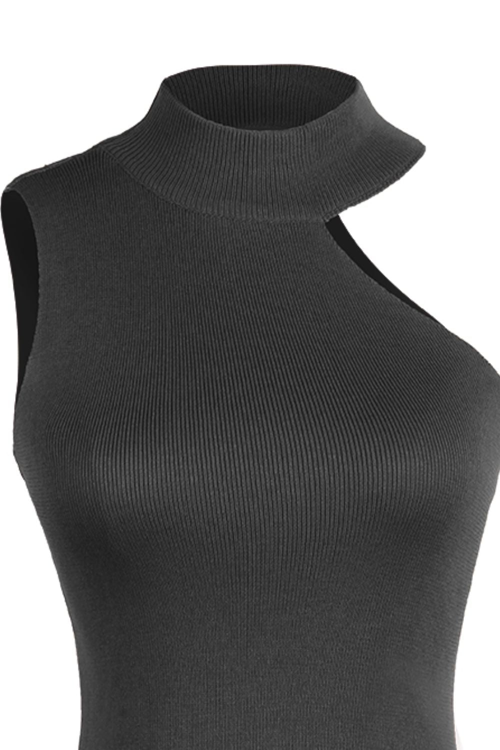 Black ribbed knit tank top with asymmetric cut-out neckline and mock neck.