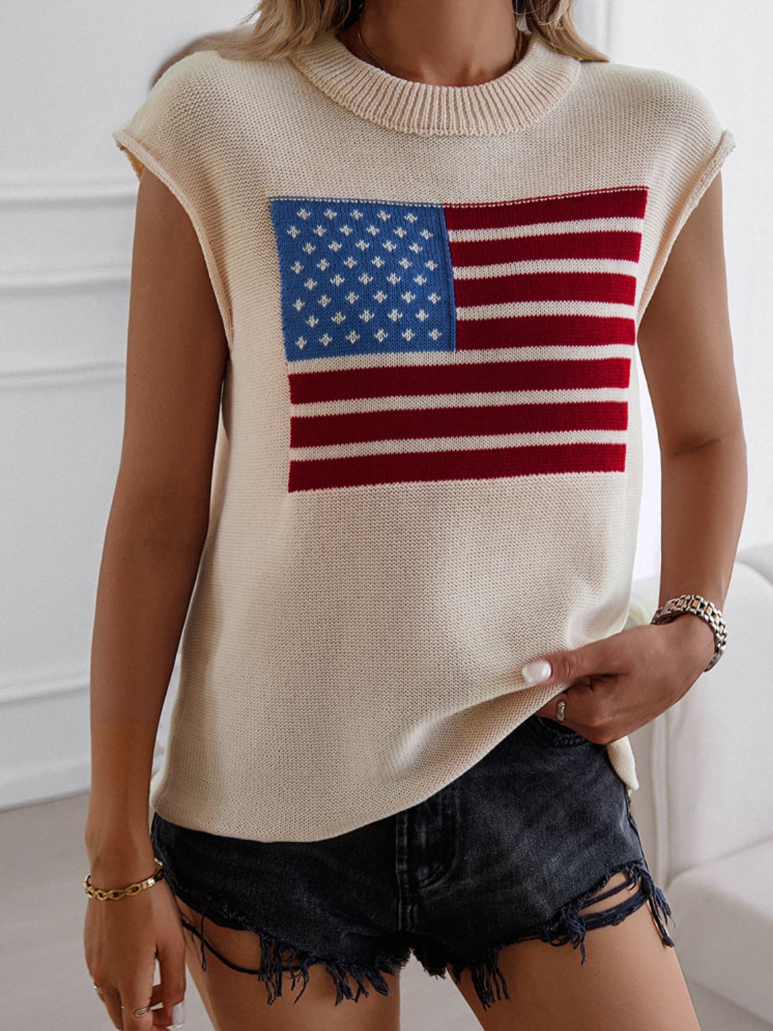 Beige knit vest with American flag graphic, crew neck, sleeveless, casual style