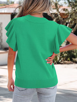 Green ribbed knit top with ruffled short sleeves and round neck.