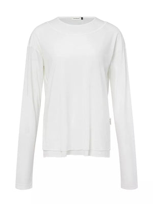 Men's Long-sleeve Round Neck T-shirt in White, close-up detail