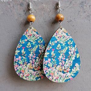 Teardrop earrings with wood bead and blue floral print