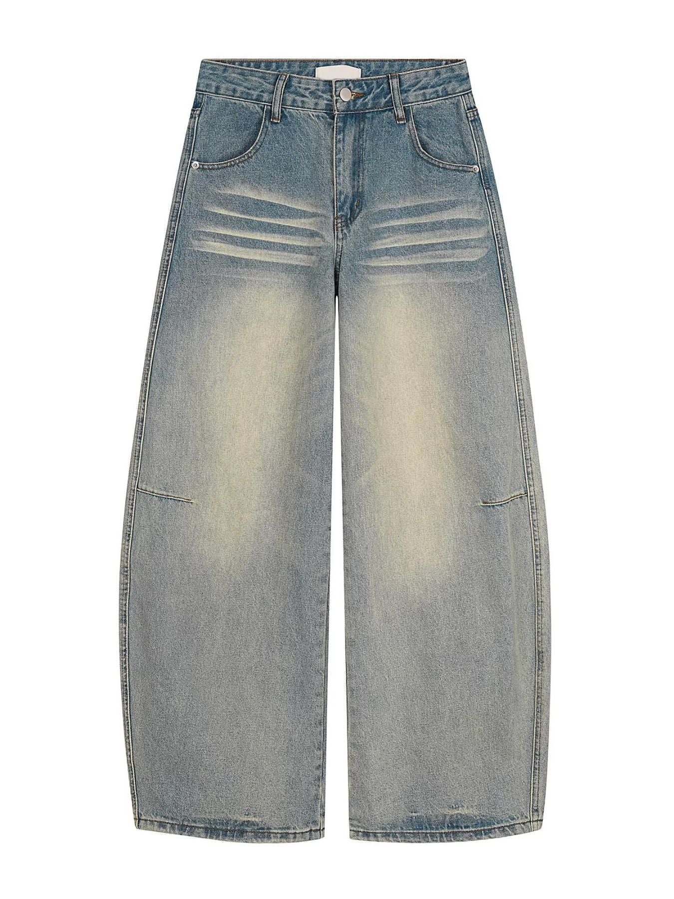 Men's vintage blue wide leg jeans with button fly and pocket details
