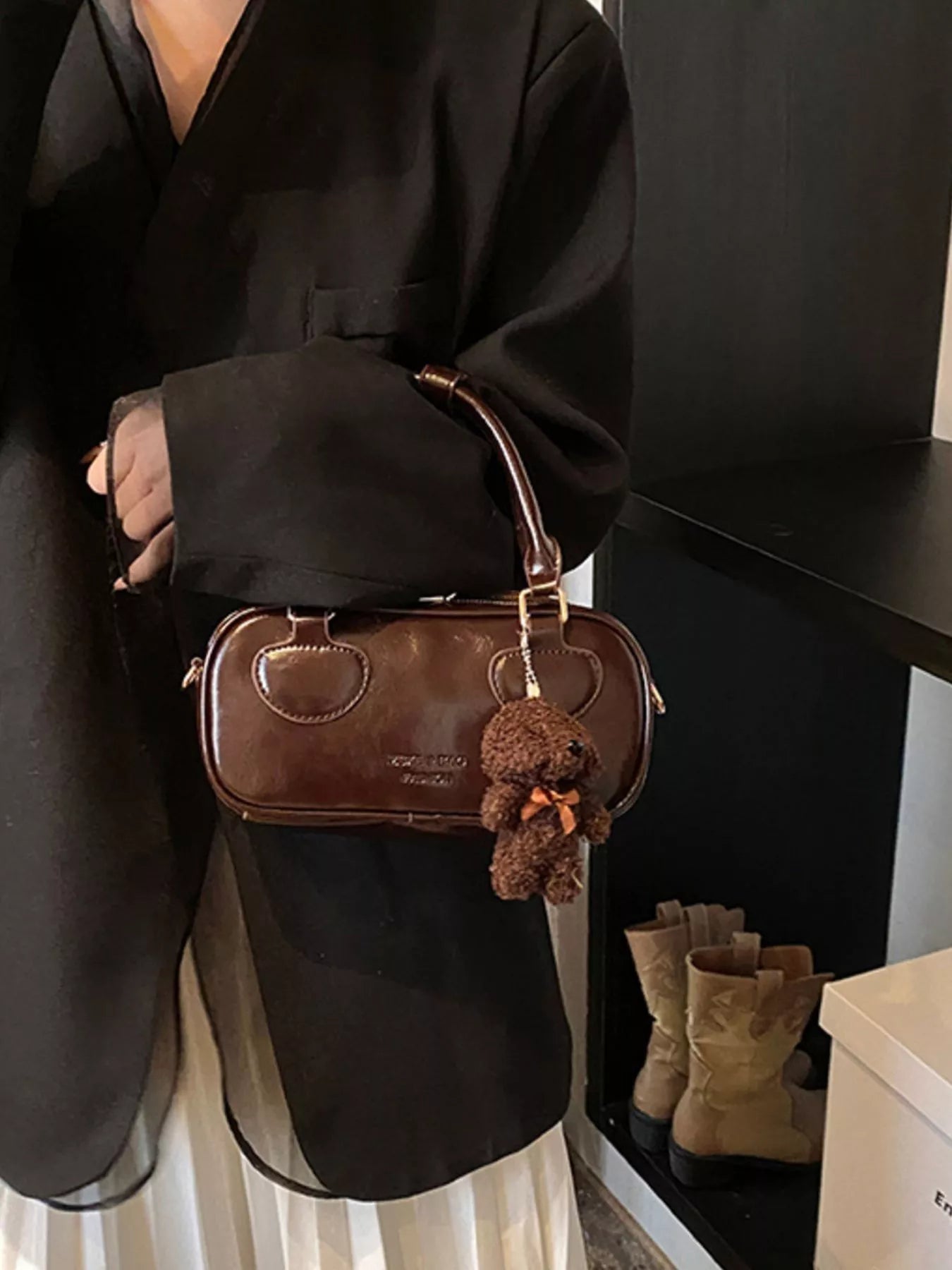 Chic mini PU leather crossbody bag in chocolate brown with teddy bear charm