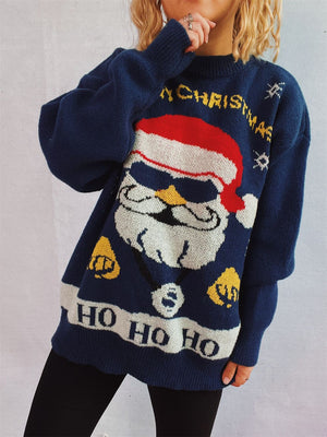Dark blue knit sweater with cool Santa graphic and HO HO HO text.