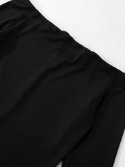 Black off-shoulder maxi dress with a bodycon fit and elegant neckline detail.