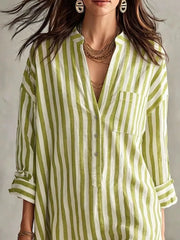Full Size Striped 3/4 Sleeve Shirt Dress Plus Size in Green, fabric detail