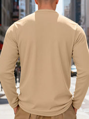 Men's Khaki cotton long sleeve Henley t-shirt, basic style, crew neck