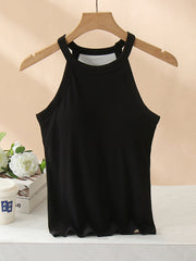 Black ribbed halter tank top with built-in bra detail