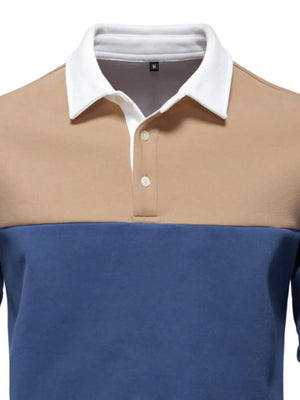 Colorblock rugby shirt in khaki and dusty blue with a white contrast collar and two-button placket.