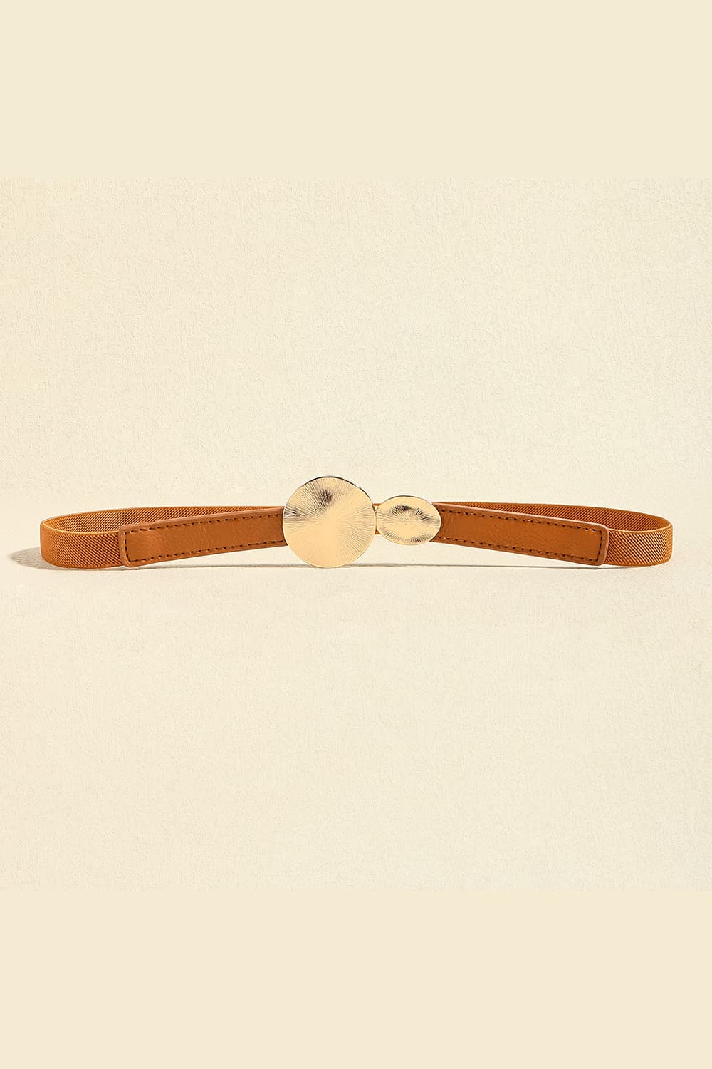 Caramel elastic waist belt with gold disc detail and alloy buckle.