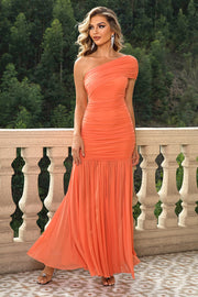 Orange asymmetric ruched one-shoulder maxi dress with flowing skirt.