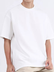 Men's white textured cotton round neck t-shirt with short sleeves.