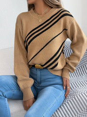 Khaki acrylic blend sweater with black diagonal stripes and round neck.