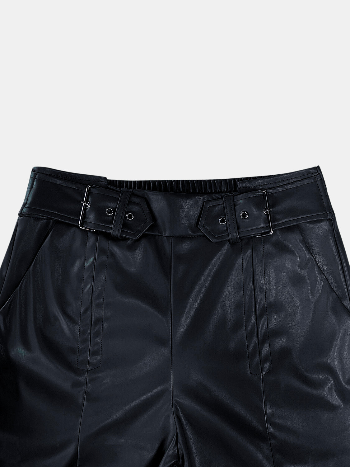 Black faux leather palazzo trousers with belted waist and buckle detail.