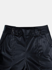 Black faux leather palazzo trousers with belted waist and buckle detail.