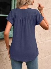 Navy relaxed maternity henley t-shirt with button detail and cuffed short sleeves.