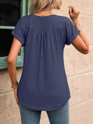 Navy relaxed maternity henley t-shirt with button detail and cuffed short sleeves.