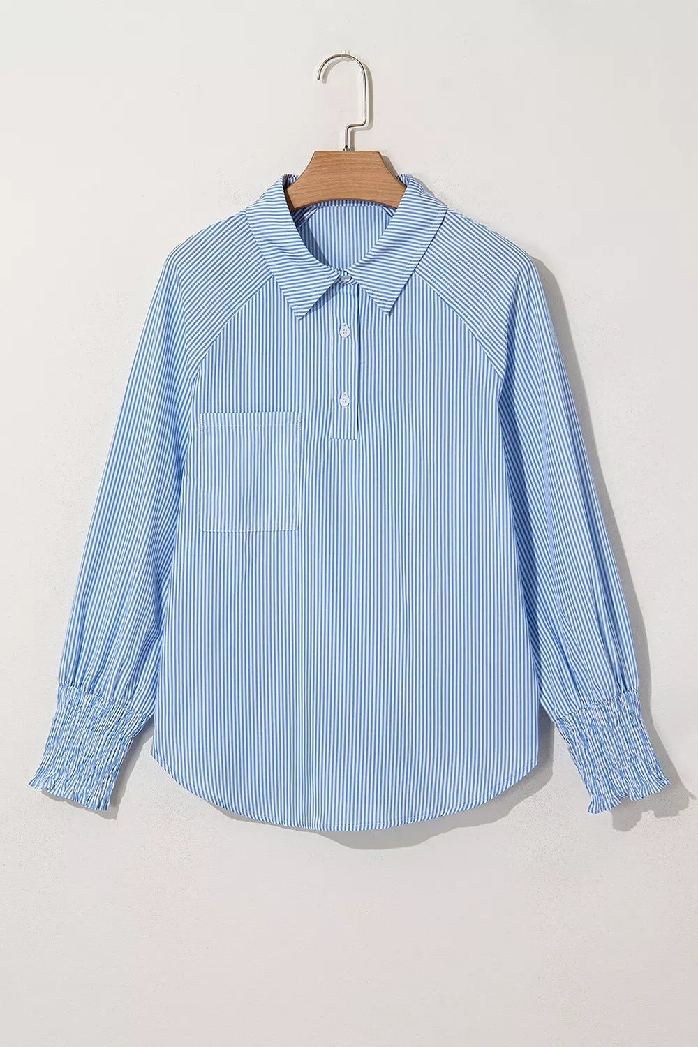 Striped Smocked Sleeve Collared Blouse in Light Blue, alternate angle