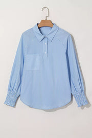 Striped Smocked Sleeve Collared Blouse in Light Blue, alternate angle