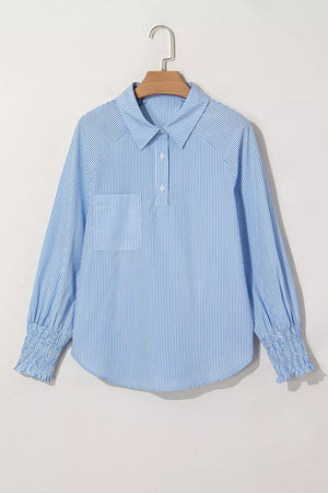 Striped Smocked Sleeve Collared Blouse in Light Blue, alternate angle