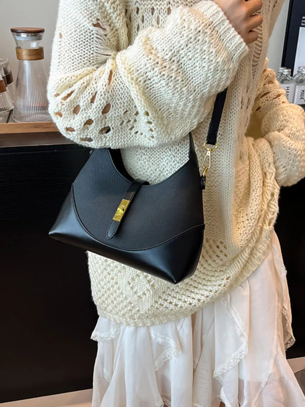 Pu Leather Crossbody Bag in Black, side view