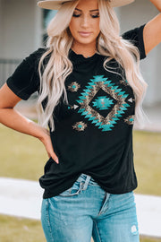 Black crew neck tee with Aztec geometric print and leopard accents