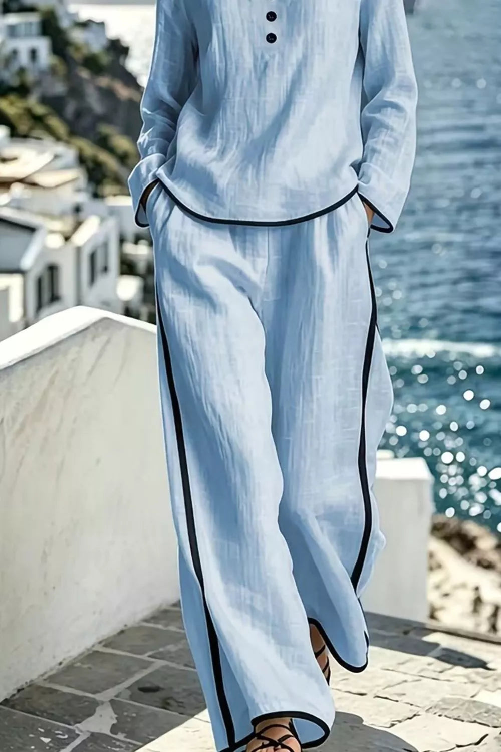 Contrast Trim Long Sleeve Top And Pants Set in Light Blue, fabric detail