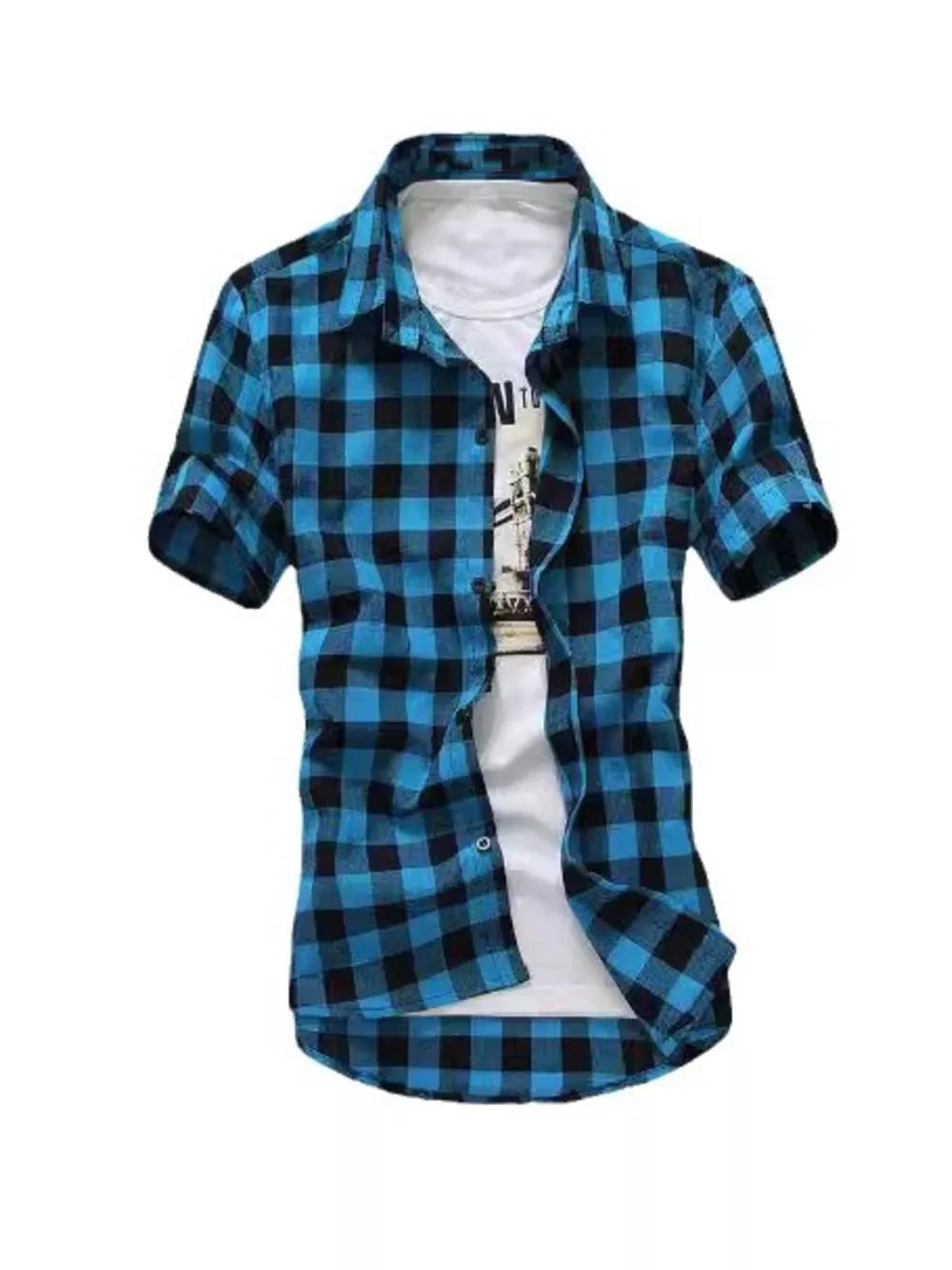 Men's short sleeve button-down shirt in Lake Blue buffalo check, worn over a white t-shirt.