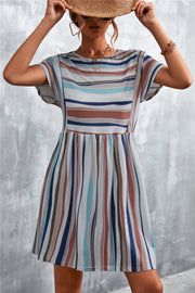 Striped yoke-seam trapeze dress with short sleeves and a gathered waist.