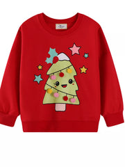 Red Christmas tree graphic sweatshirt for kids with pom-pom ornaments and stars.