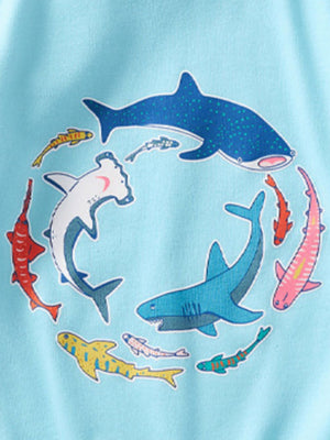 Baby T-shirt in pastel blue cotton with a playful shark and fish print.