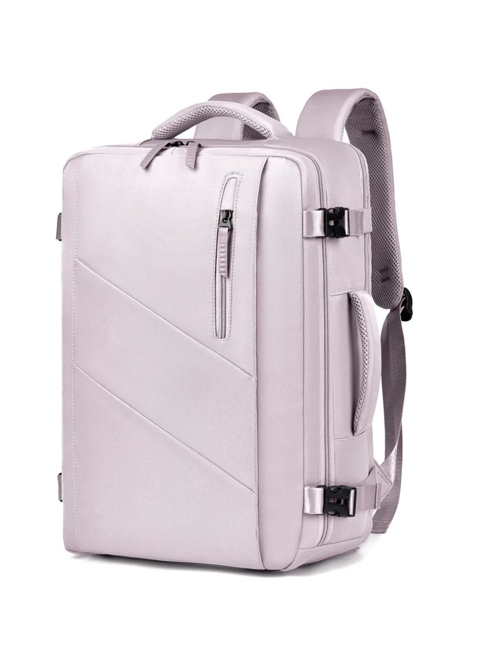 Lilac structured backpack with zippered front pocket and side buckle straps.