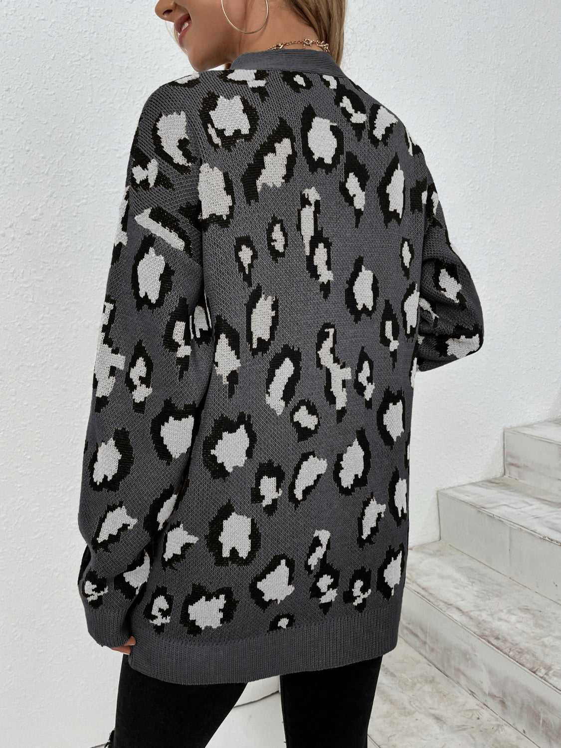 Dark Gray leopard print knit cardigan with an open front and long sleeves.