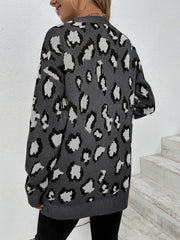 Dark Gray leopard print knit cardigan with an open front and long sleeves.