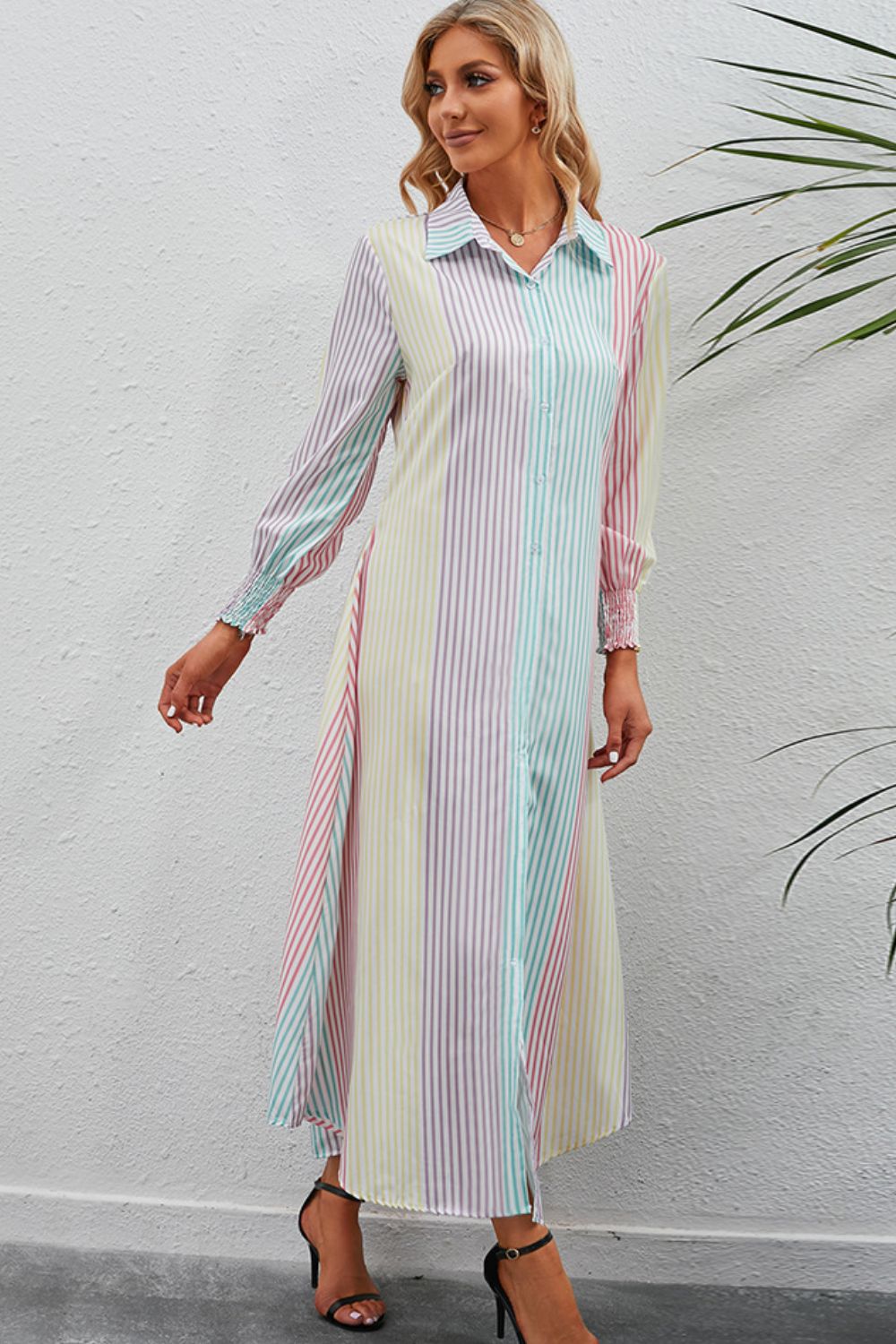 Shirtdress with vertical stripes and smocked cuffs